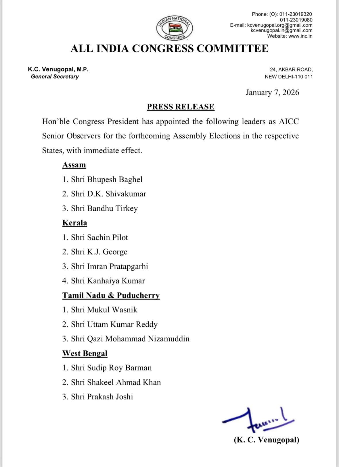 कांग्रेस का चुनावी शंखनाद: चार राज्यों के लिए AICC सीनियर ऑब्ज़र्वर नियुक्त