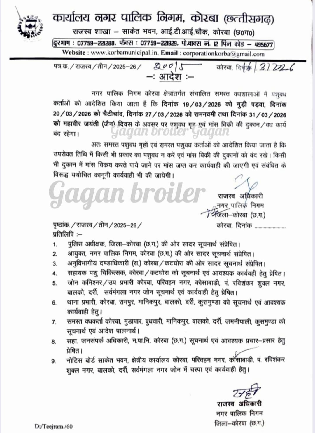 कोरबा नगर निगम का आदेश: इन तिथियों पर मांस बिक्री पूरी तरह प्रतिबंधित