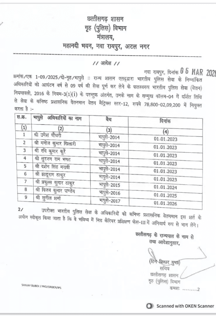 छत्तीसगढ़ के 9 आईपीएस अधिकारियों को कनिष्ठ प्रशासनिक वेतनमान स्वीकृत