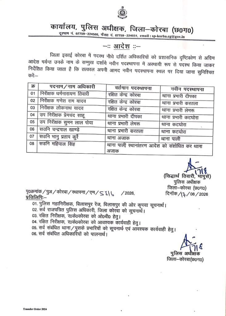 प्रेमचंद साहू बने कटघोरा थाना प्रभारी, दीपका के बाद मिली अहम जिम्मेदारी